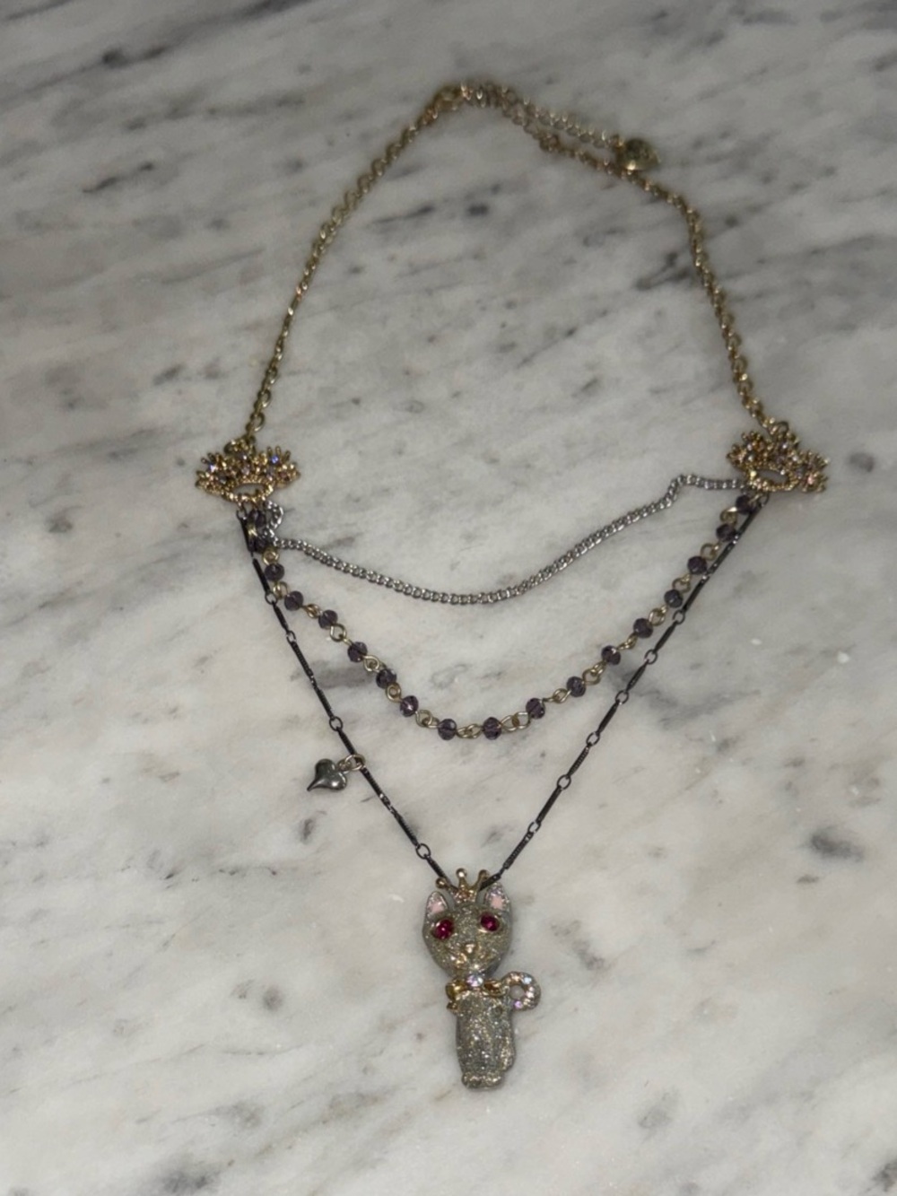 Betsey Johnson Gold and Silver Layered Cat Pendant Necklace with lavender Stones - Picture 7 of 12